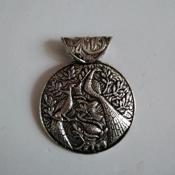 German Silver Round Pendant with 2 Peacock